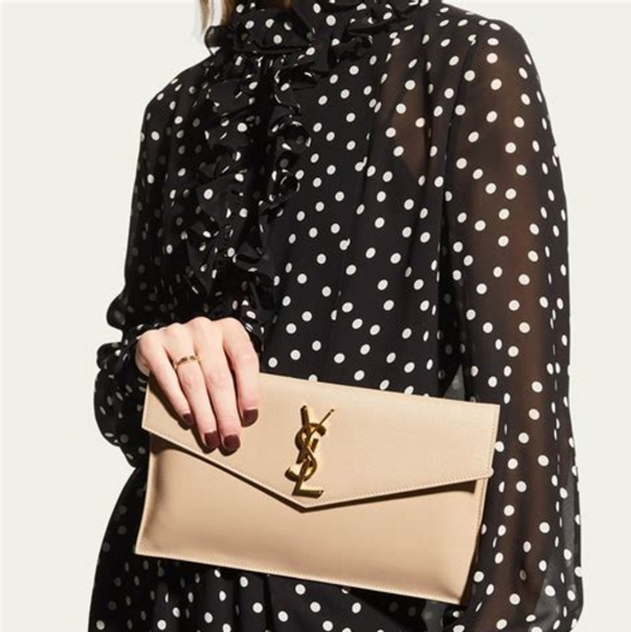 Like New!!! YSL Saint Laurent Uptown Pouch Grain De Poudre Clutch Dark Beige - Picture 6 of 16